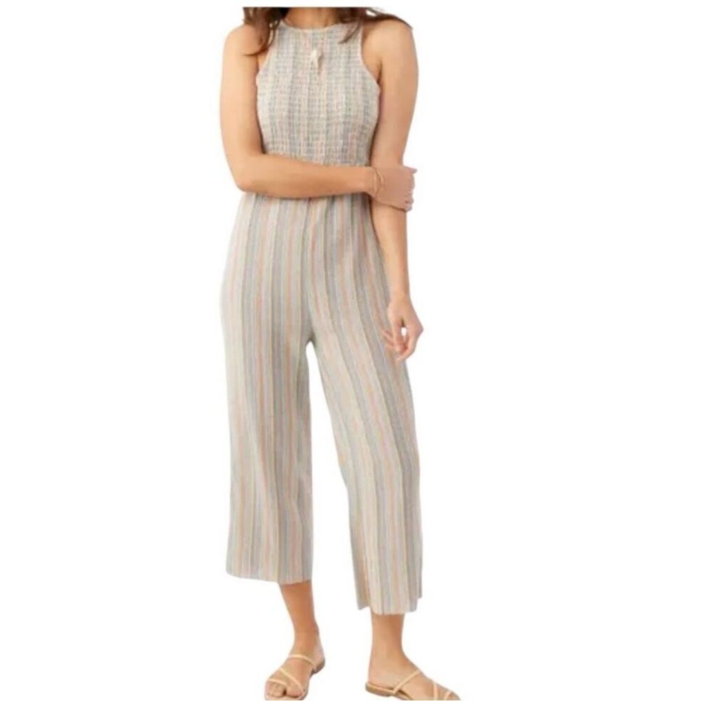 O’Neill dellora Stripe smocked high neck wide leg Jumpsuit size small